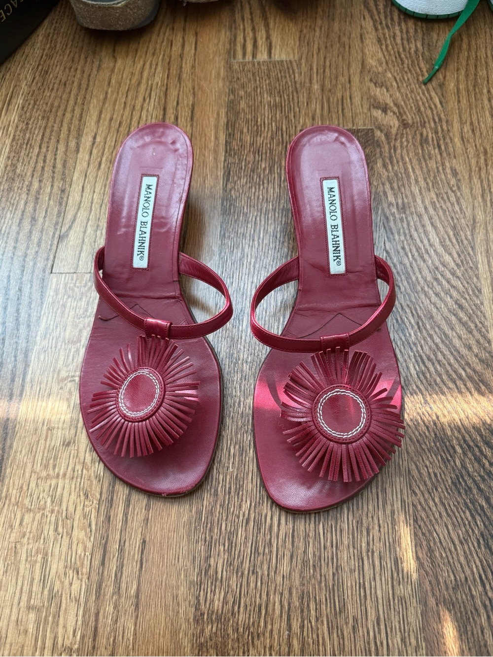 Manolo Blahnik Red Leather Fringe Slide Mules - Picture 2 of 4